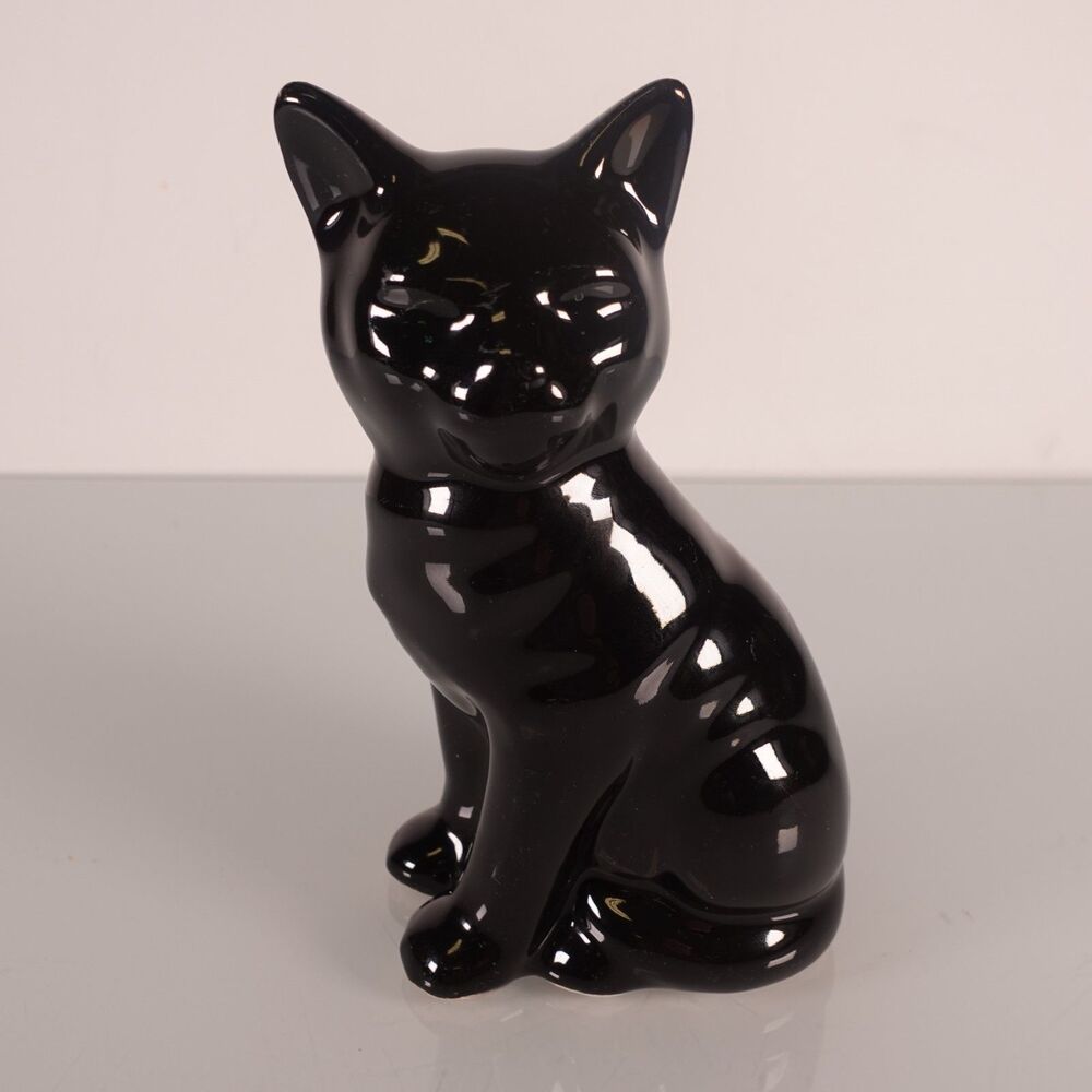 Vintage Black Cat Figurine Glossy Ceramic Sitting Seated Cat 6 Inches Tall MCM